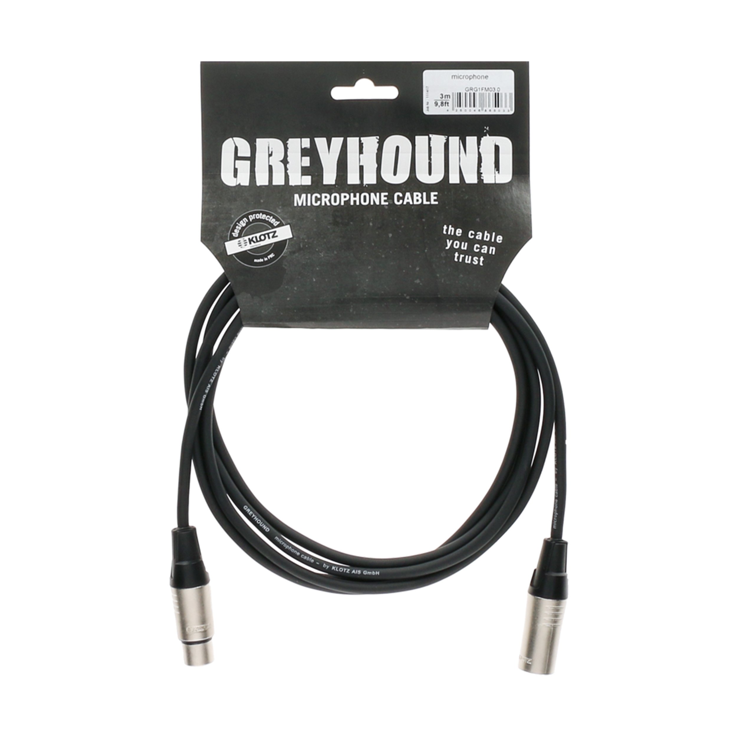 Klotz GRG1FM02.0 - 3 Pin Male XLR to 3 Pin Female XLR Greyhound Microphone Cable - 2m